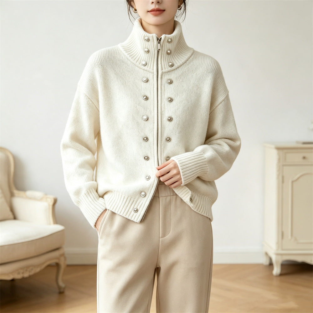Double row decorative buckle solid color zipper sweater
