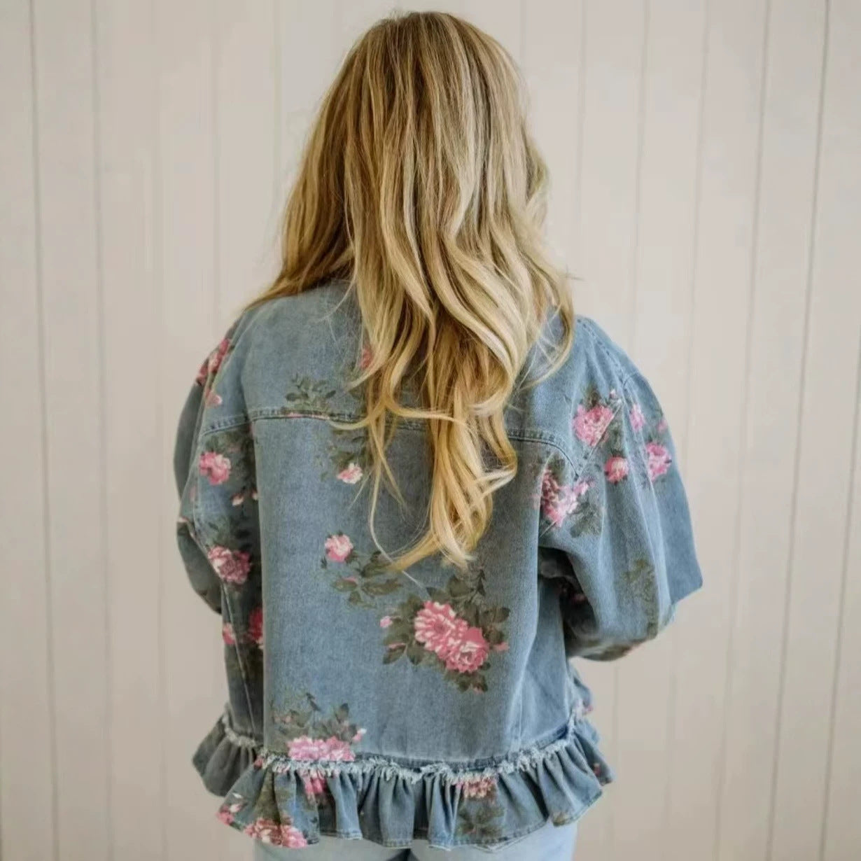 New Style Retro Washed Denim Jacket with Floral Print Loose Fashion Long Sleeve Shirt for Women