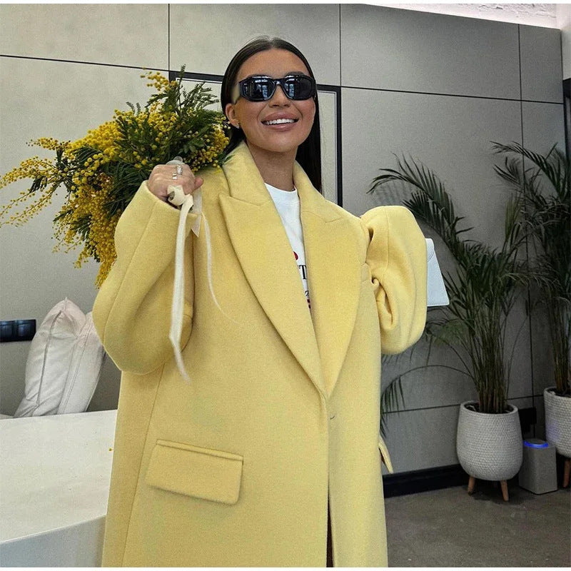 European and American autumn women's trench coat with elegant temperament, one button imitation wool loose coat for women