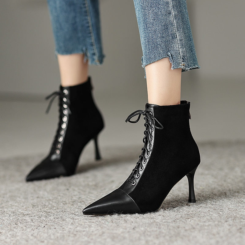 Elegant Women Ankle Boots Pointed Toe Thin High Heels Female Office Genuine Leather Cross-Tied Shoes Woman
