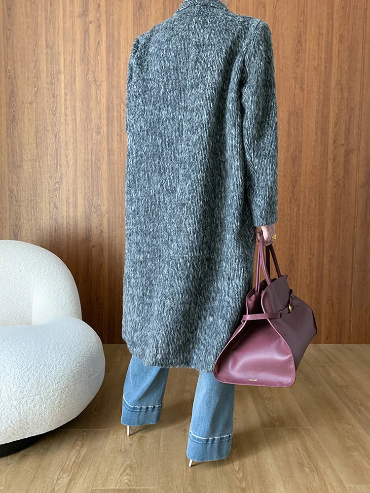 Solid Temperament Long Coat For Women V Neck Long Sleeve Spliced Double Breasted Loose Minimalist Coats Female New