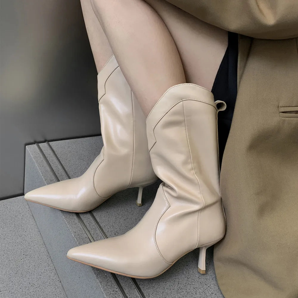 Women Mid-Calf Boots Pointed Toe Thin High Heels Mature Western Boots Autumn Winter Office Lady