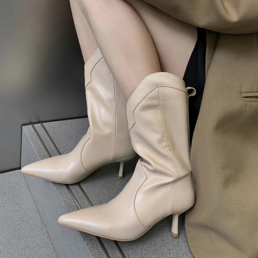 Women Mid-Calf Boots Pointed Toe Thin High Heels Mature Western Boots Autumn Winter Office Lady