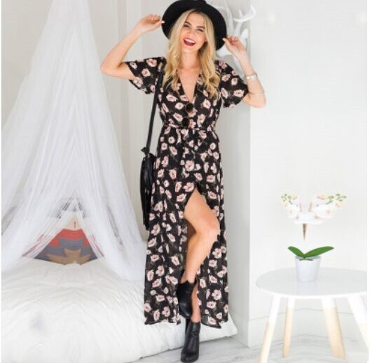 Dress Short Sleeve A Line  Floral Print Chiffon Deep V-Neck Split Sexy Women Summer Dresses Bohemian Beach Elegant Party Vestido