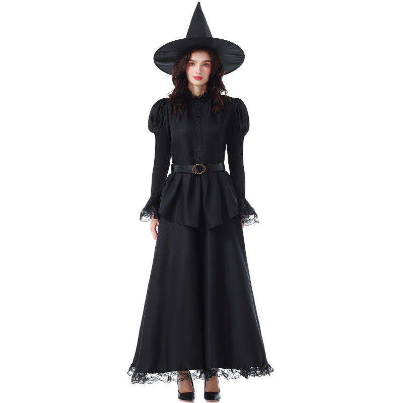 Halloween Costume Party Movie Character Performance Dress Witch Black Elegant Lace Witch Long Dress Magician