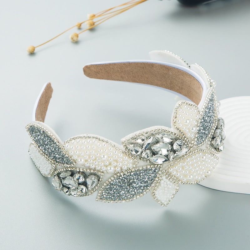 Headband Fashion Ball Rhinestone Pearl Leaf-Shaped Baroque Headband Exaggerated Wide Side