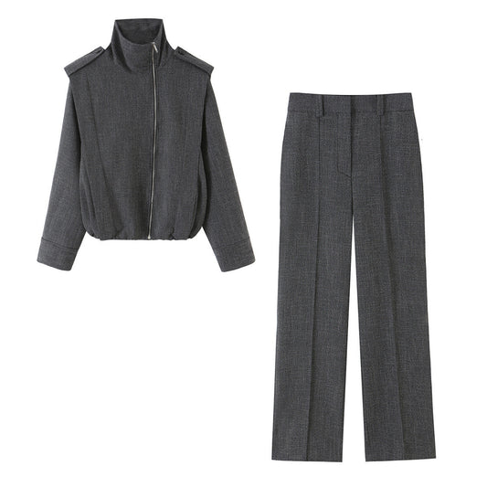 Side zipper strap jacket+pants set for women