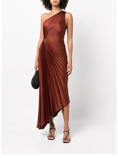 Summer/Autumn Women Dress Polyester Asymmetry One-Shoulder Brown Hole Ankle-Length Vintage High Waist