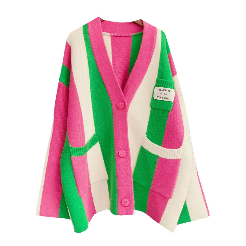 Autumn contrasting vertical striped sweater jacket for women, new loose and lazy knitted cardigan for women