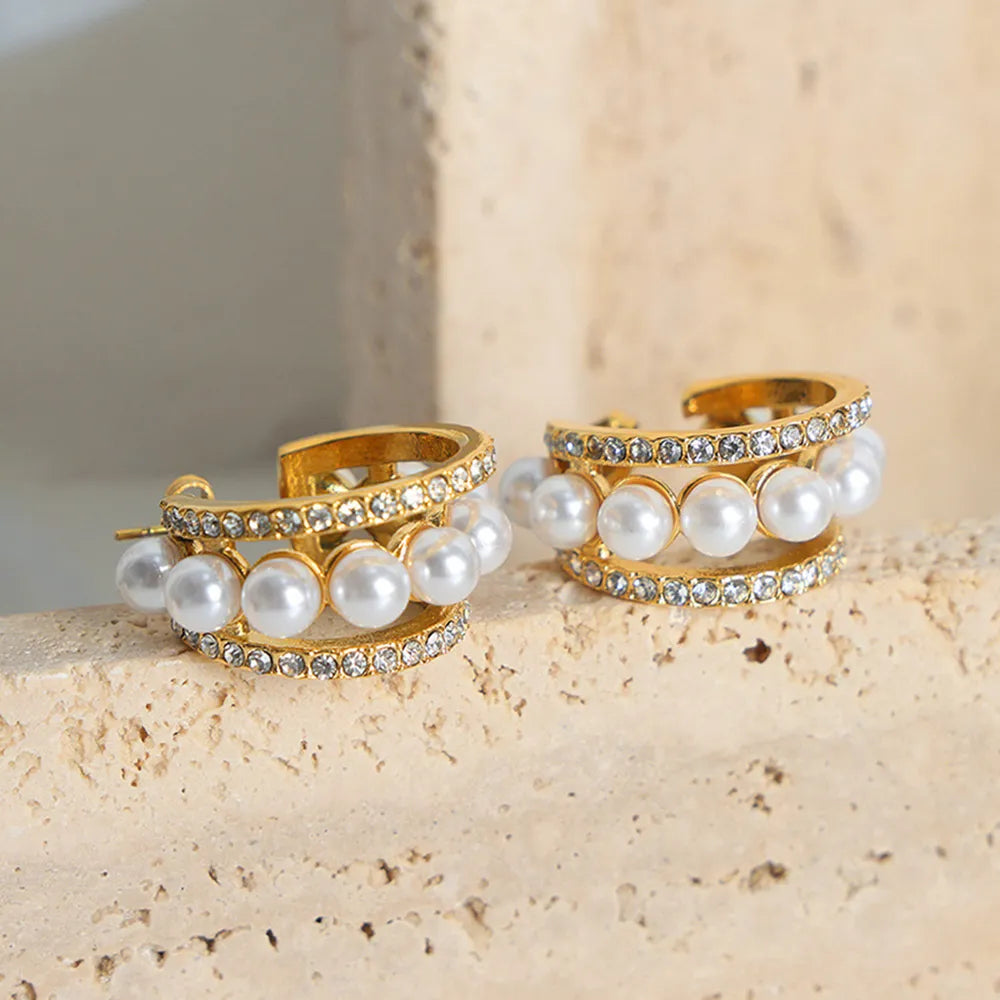 Badge of Pearls Titanium Steel C-Hoop Earrings