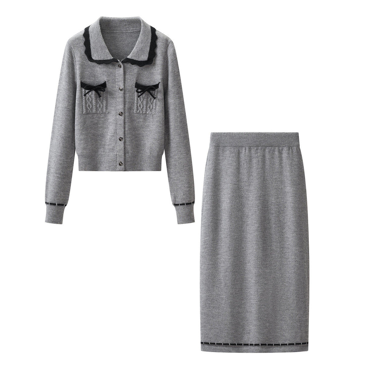 Casual Knit Collared Cardigan Jacket Skirt Two-Piece Set for Women
