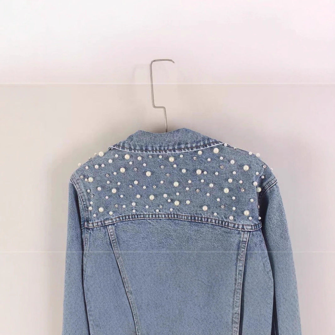 Women's Denim Jacket with Beading Rhinestonesand Pearls, Fashionable Ulzzang Outerwear
