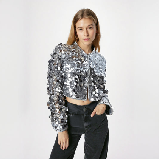Autumn Winter Sequin Shiny Long Sleeve Party Club Jackets Outerwears Women Dance Stage  Silver Coat