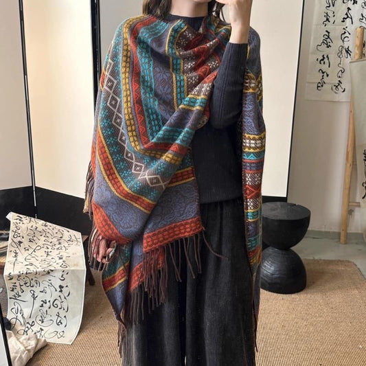 Ethnic wind stripe contrast color tassel shawl woman winter scarves other scarves shawls summer scarf
