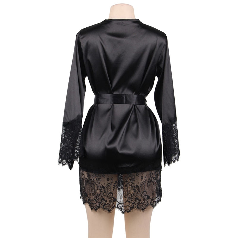 LA BELLA  Silk Robe Long Sleeves Lingerie Gowns Lace Patchwork Short Kimono Sexy Bride Robes Wedding