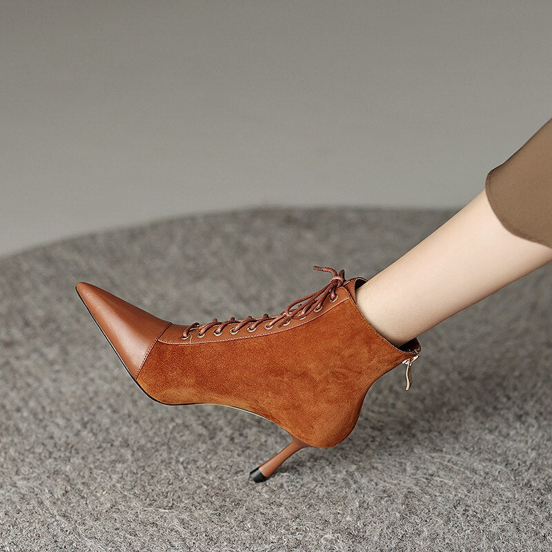 Elegant Women Ankle Boots Pointed Toe Thin High Heels Female Office Genuine Leather Cross-Tied Shoes Woman