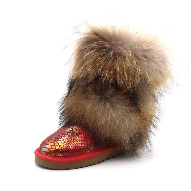 New Fashion Big Fox Fur Woman Snow Boots Lady Winter Boots Genuine Cowhide Leather Mid-calf Warm Boots Women Boots Shoes