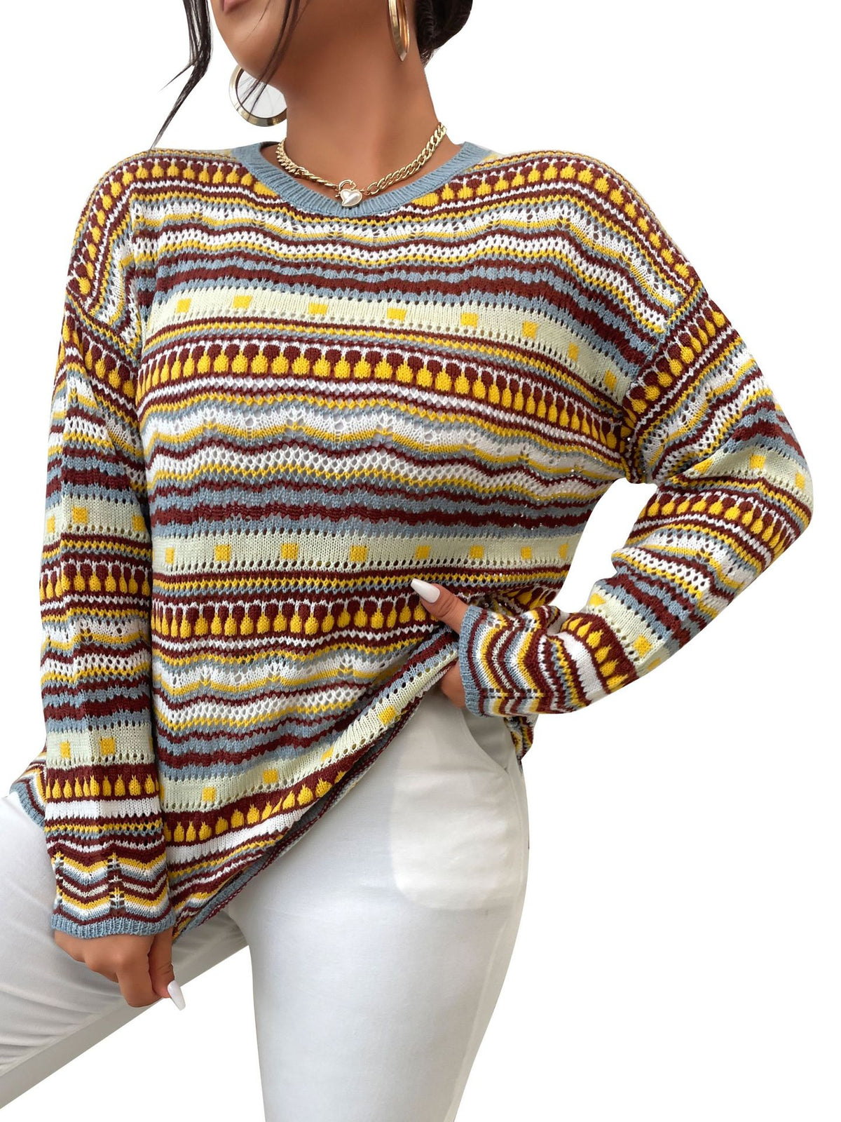 Autumn And Winter New Large Size Loose Long-Sleeved Striped Knitted Sweater Round Neck Sweater Women