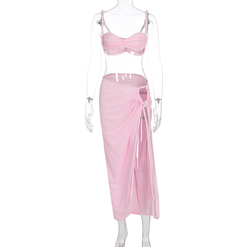KISCHA Beach vacation swimsuit woven camisole top split skirt set