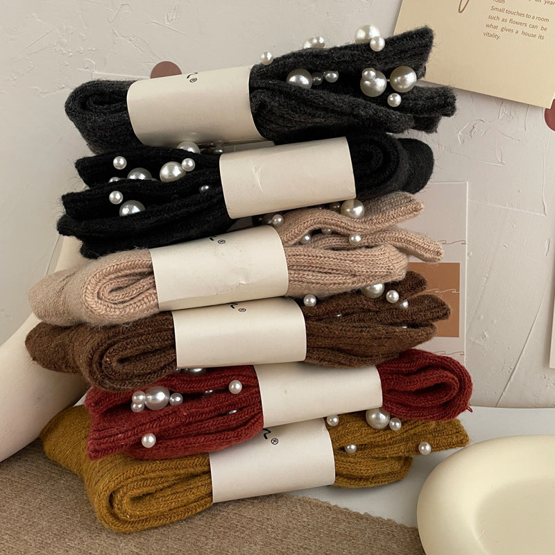 Isabella's fashionable rivet bead pile socks autumn and winter thick warm rabbit wool mid tube socks for children