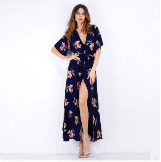 Dress Short Sleeve A Line  Floral Print Chiffon Deep V-Neck Split Sexy Women Summer Dresses Bohemian Beach Elegant Party Vestido