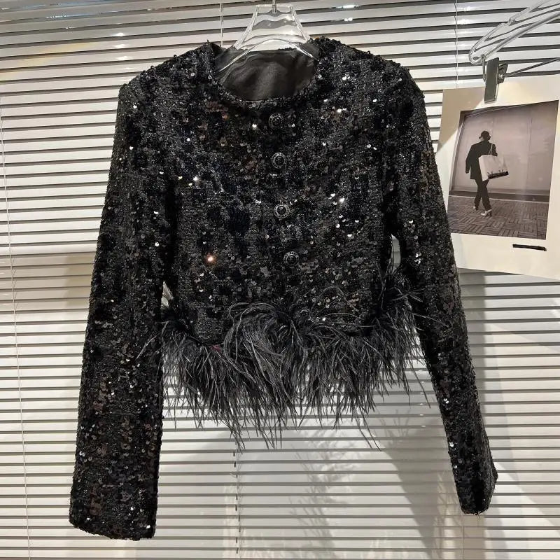 Designer Fashion High Quality Slingle Breasted Ostrich Feather Short  Jacket Coats Lady Chic Overwear