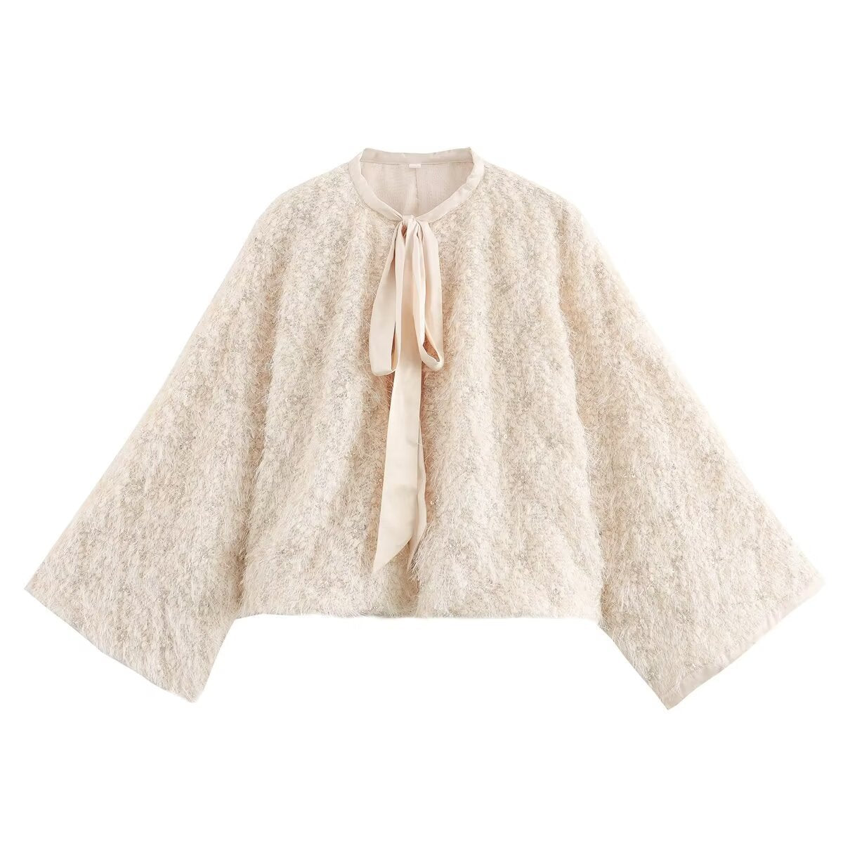 Autumn new beaded trimmed round neck lace up shawl jacket for women