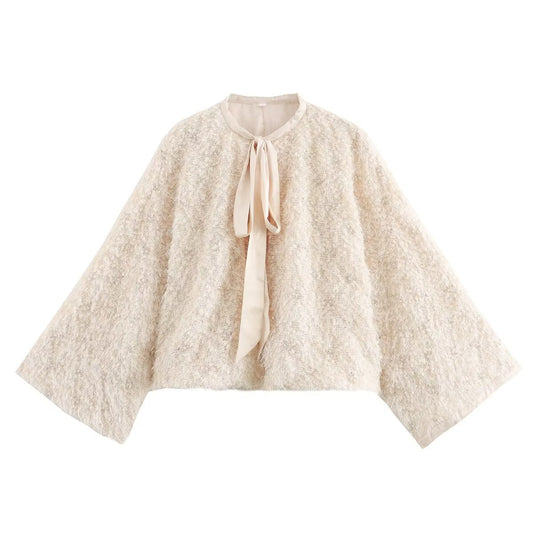 Autumn new beaded trimmed round neck lace up shawl jacket for women