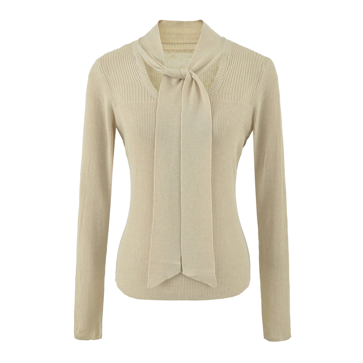 Women's Tie-Neck Semi-Sheer Slim Fit Wool Blend Knit Top Long Sleeve Layering Sweater