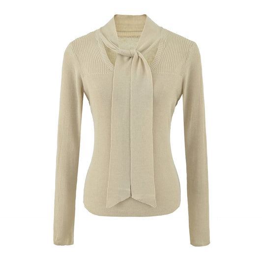 Women's Tie-Neck Semi-Sheer Slim Fit Wool Blend Knit Top Long Sleeve Layering Sweater