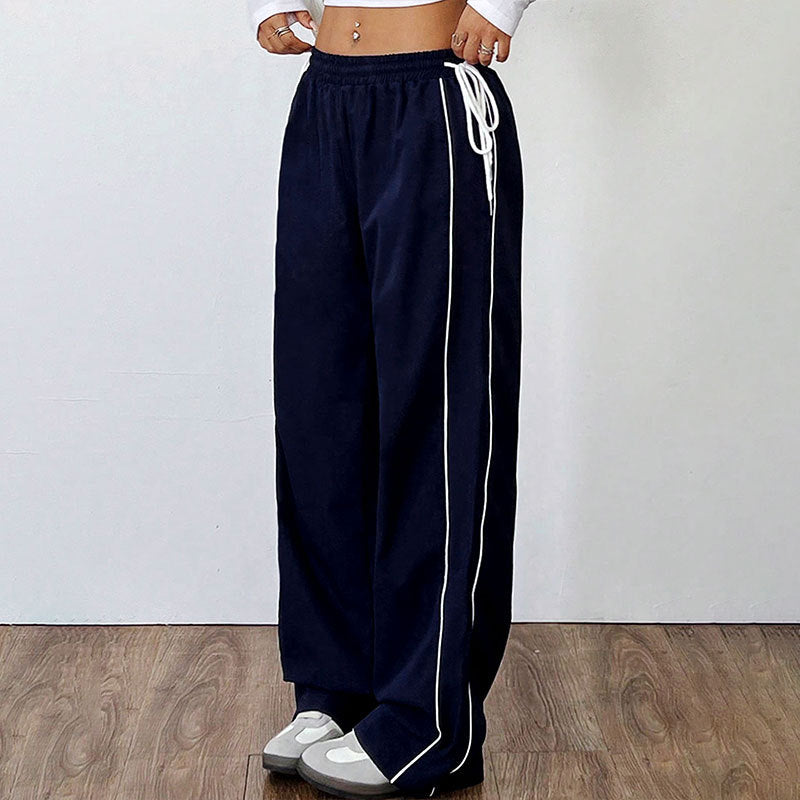 Side striped elastic waistband drawstring pants for women