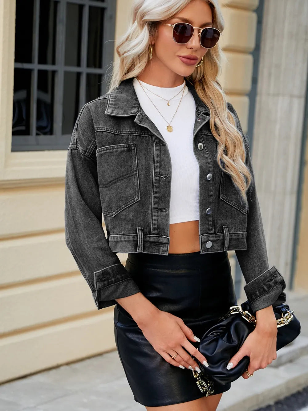 Washed slim fit short long sleeved denim jacket top