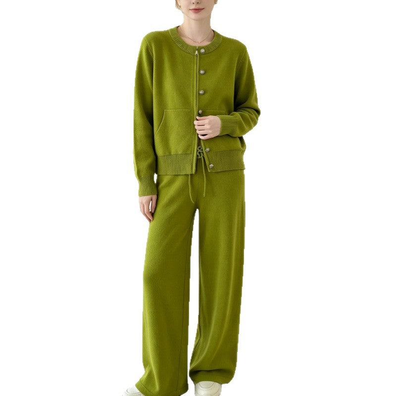 Zipper knit sweater wide leg straight leg pants solid color two-piece set