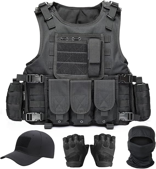 AGENT ACEVEDO 34815 Tactical Vest for Men, Airsoft Vest, Black Molle Vest and Cap Protective Equipment, Tactical Airsoft Gear