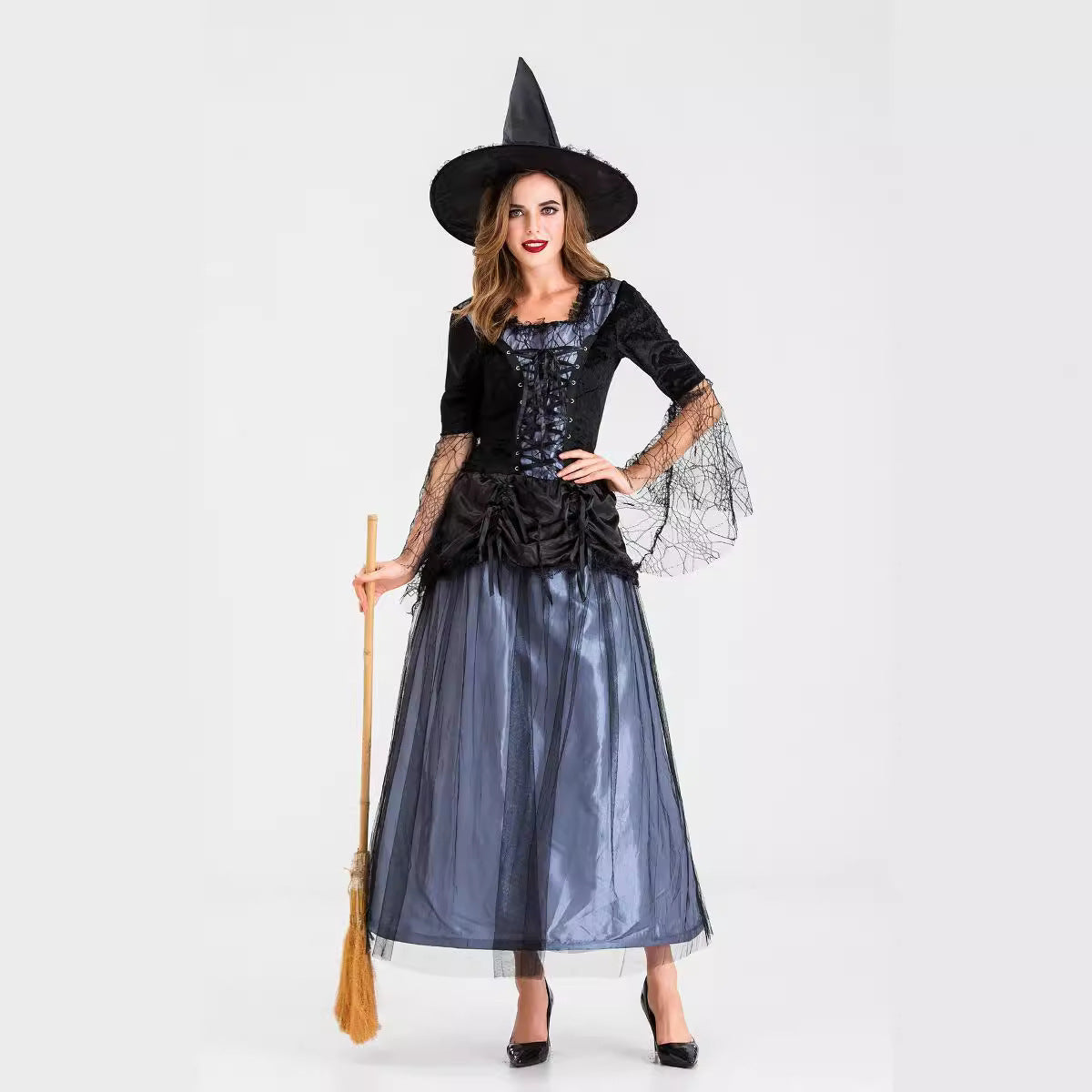 Halloween Cosplay Witch Costume Women's Black Lace Mesh Dress