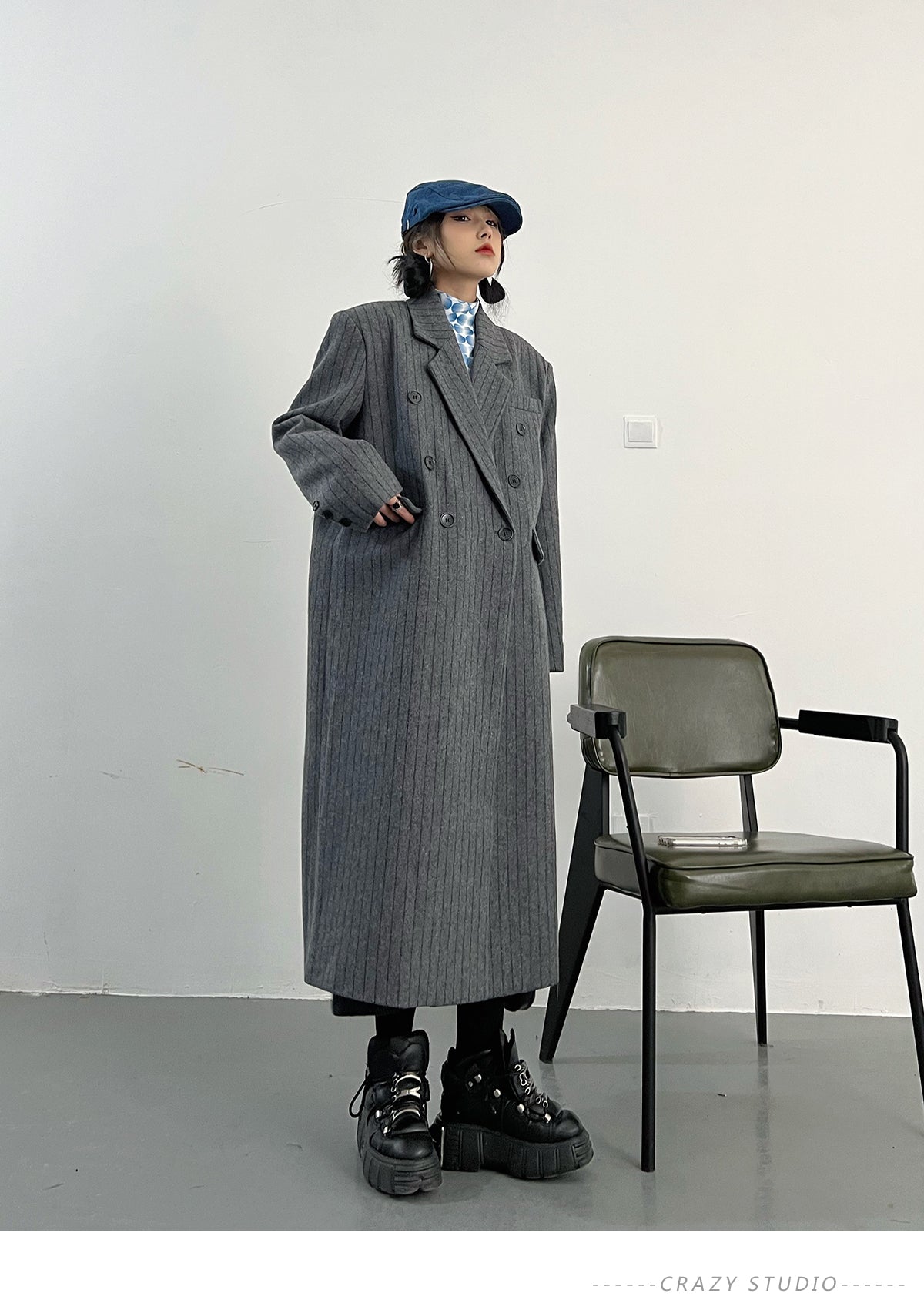 Autumn Winter Long Loose Casual Stylish Striped Woolen Coat Women Double Breasted British Style Fashion Overcoat