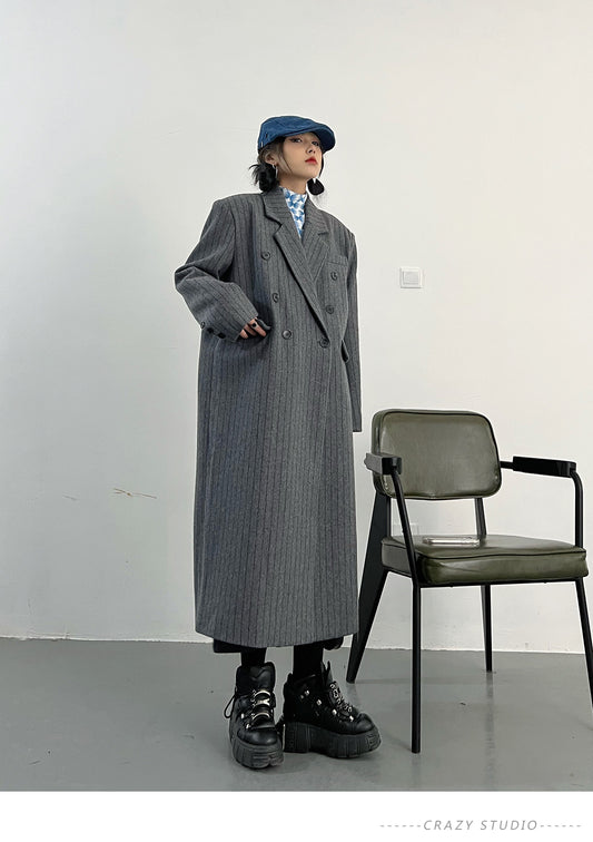Autumn Winter Long Loose Casual Stylish Striped Woolen Coat Women Double Breasted British Style Fashion Overcoat