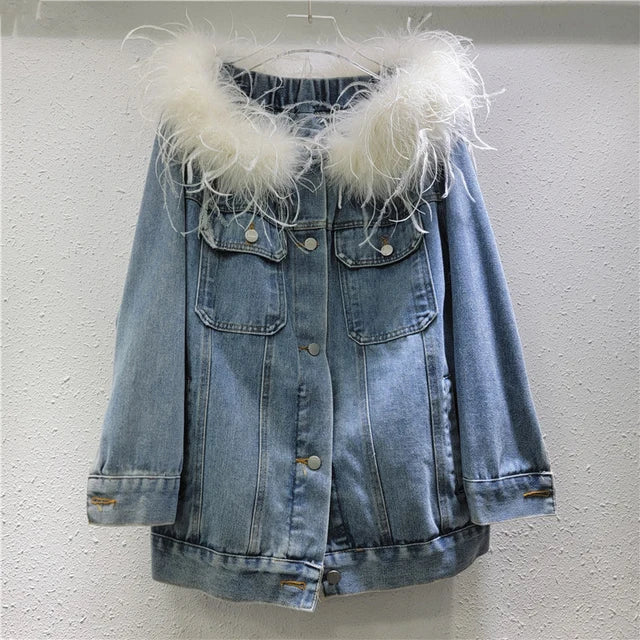 Women's Fashion Feather Patchwork Slash Neck Single Breasted Denim Coats Spring New Items Loose Jackets