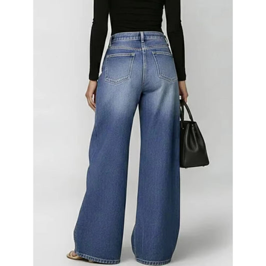 New jeans for women, metal eyelet design, casual loose high-waisted wide-leg jeans