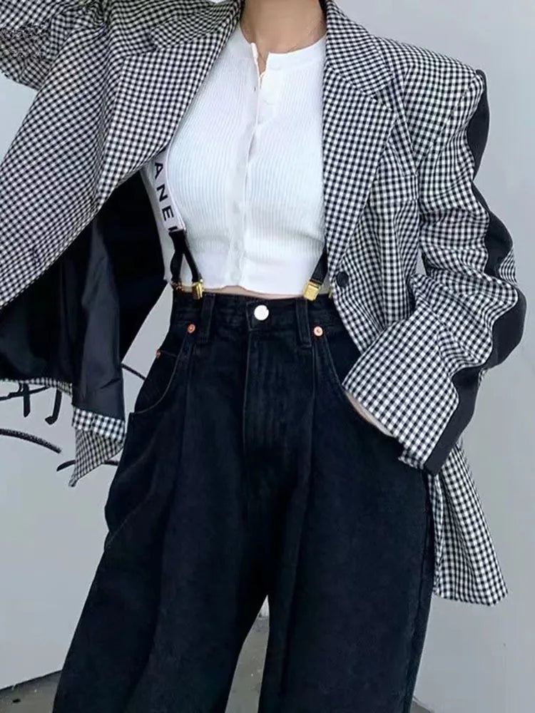 Korean Plaid Contrast Color Patchwork Suit Jackets High Quality Casual Outerwear Coat For Women  Spring Autumn