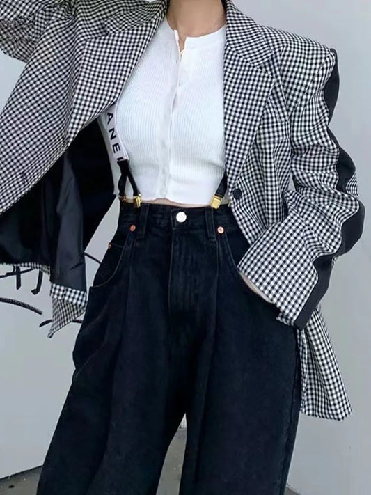 Korean Plaid Contrast Color Patchwork Suit Jackets High Quality Casual Outerwear Coat For Women  Spring Autumn