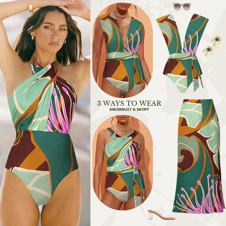 BORIKEN'S HALTER PRINTED ONE PIECE WOMEN'S SWIMSUIT WITH SUMMER SKIRT