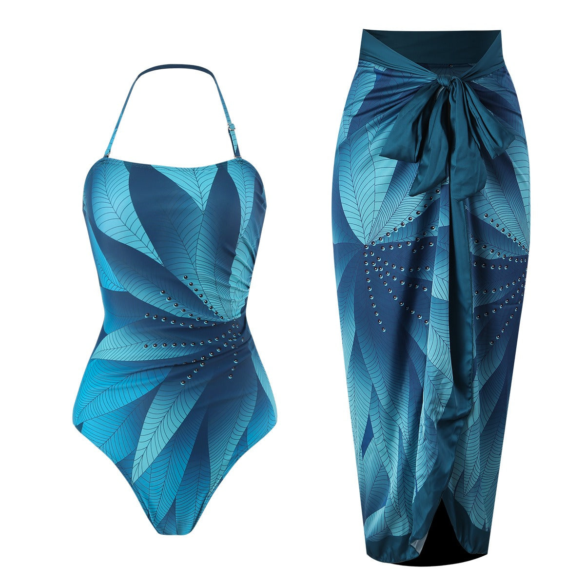 BORIKEN one-piece two-piece swimsuit leaf print hip-covering long skirt conservative halterneck swimsuit for women