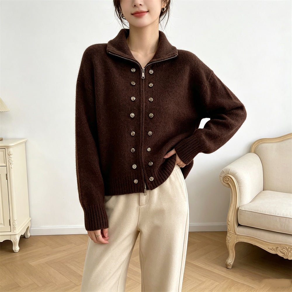 Double row decorative buckle solid color zipper sweater