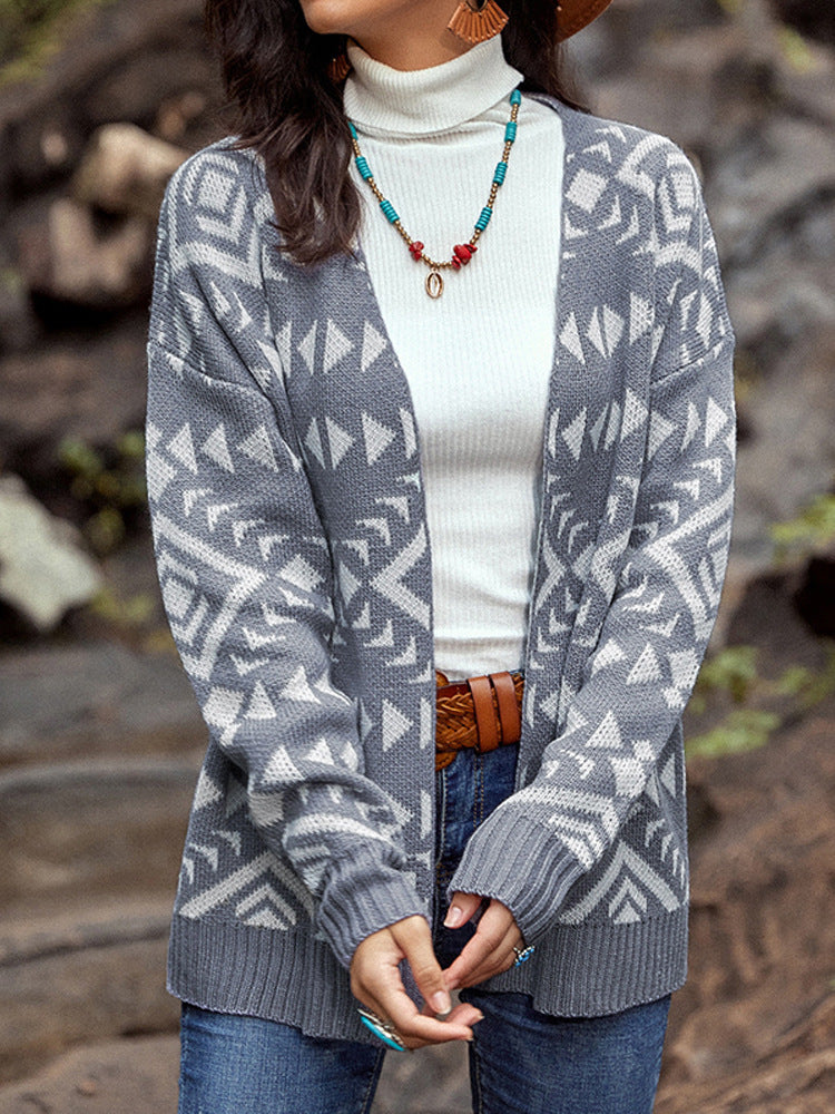 Autumn And Winter Cardigan Sweater Geometric V-Neck Long-Sleeved Coat Top Women