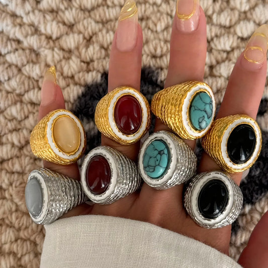Vintage Natural Colorful Stone Ring For Woman Hollow Gold Silver Color Stainless Steel Ring Wide Thick Ring Party Jewelry Gifts