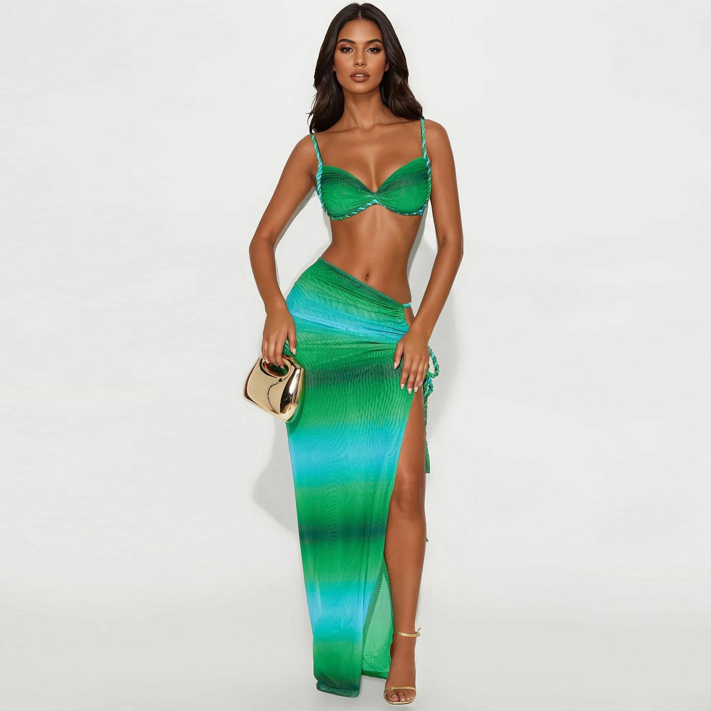 KISCHA Beach vacation swimsuit woven camisole top split skirt set