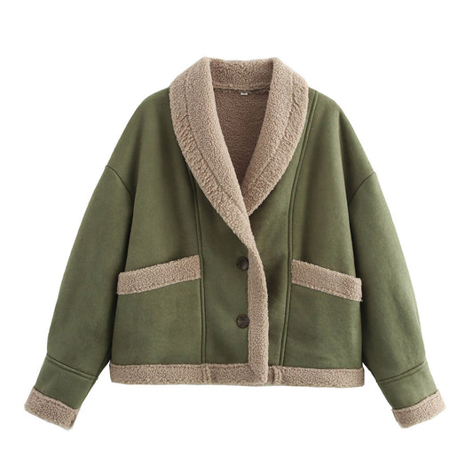 Autumn and winter women's clothing American retro woolen coat with loose collar and fur one-piece top for women