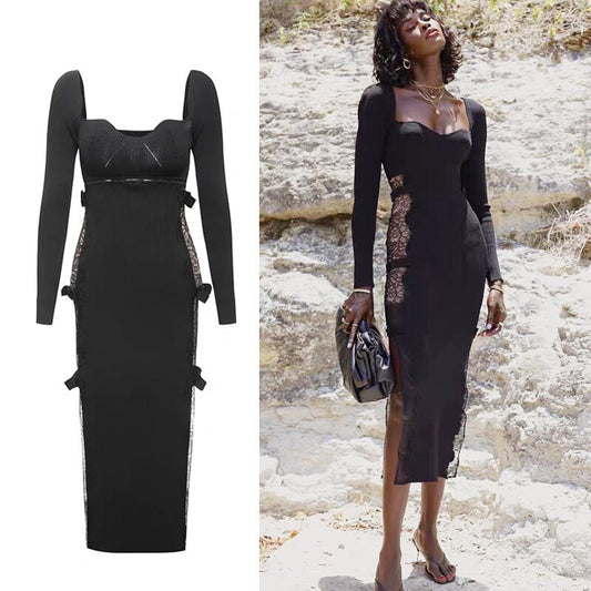 Runway Designer Black Patchwork Lace Hollow Out Women Dresses For Women Black Sweetheart Neck Slimy Knitting Dress Party