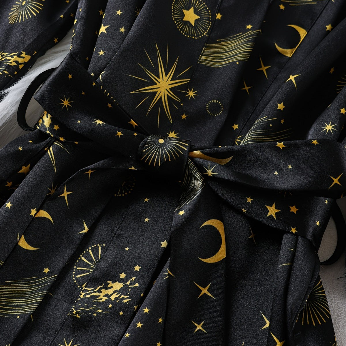 Ladies' Sleepwear Set with Star and Moon Design, Silk-like Satin Robe and Silk-like Strap Shorts
